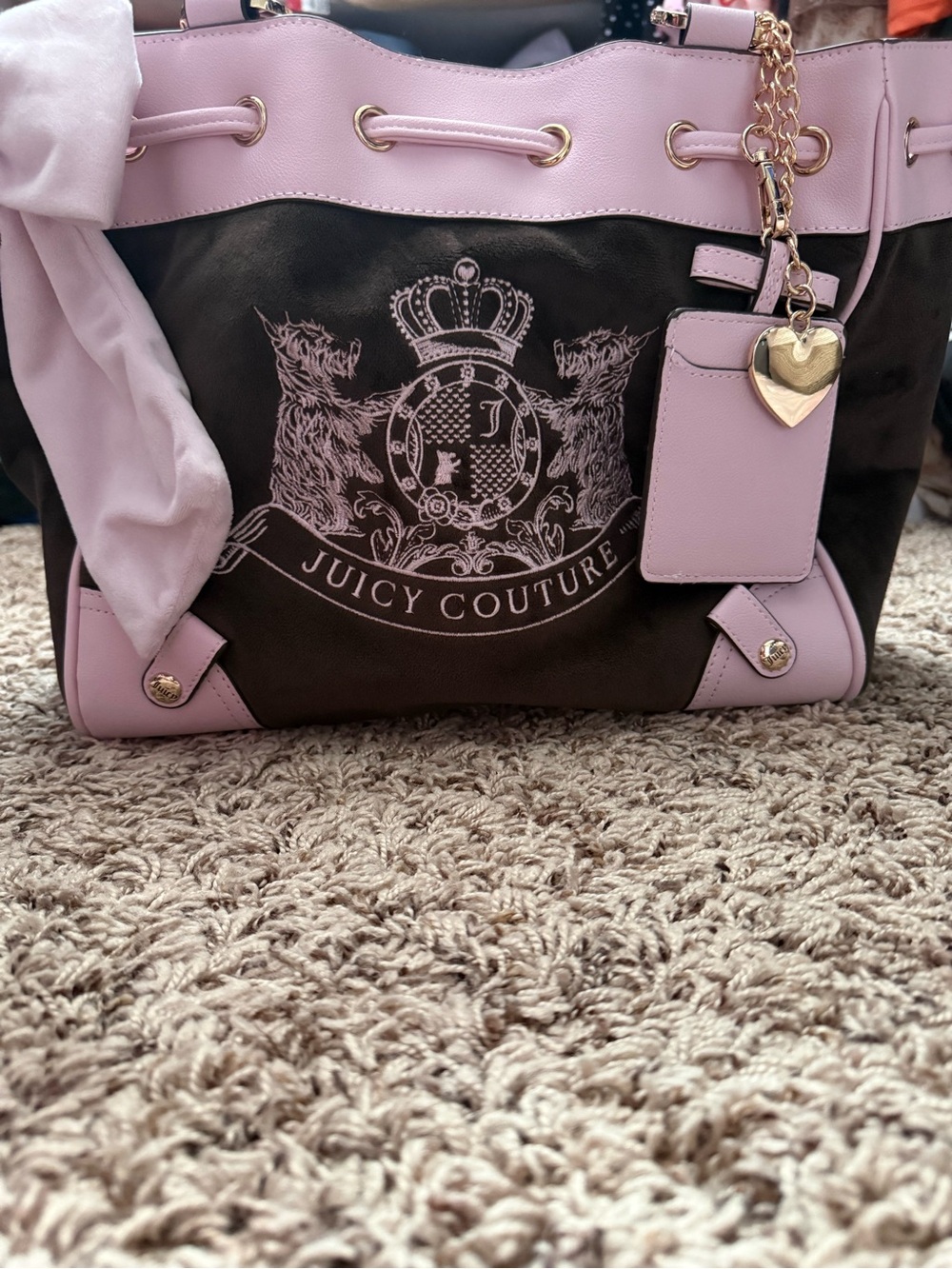 Juicy Couture Brown and Pink Crest Tote with Heart Charm